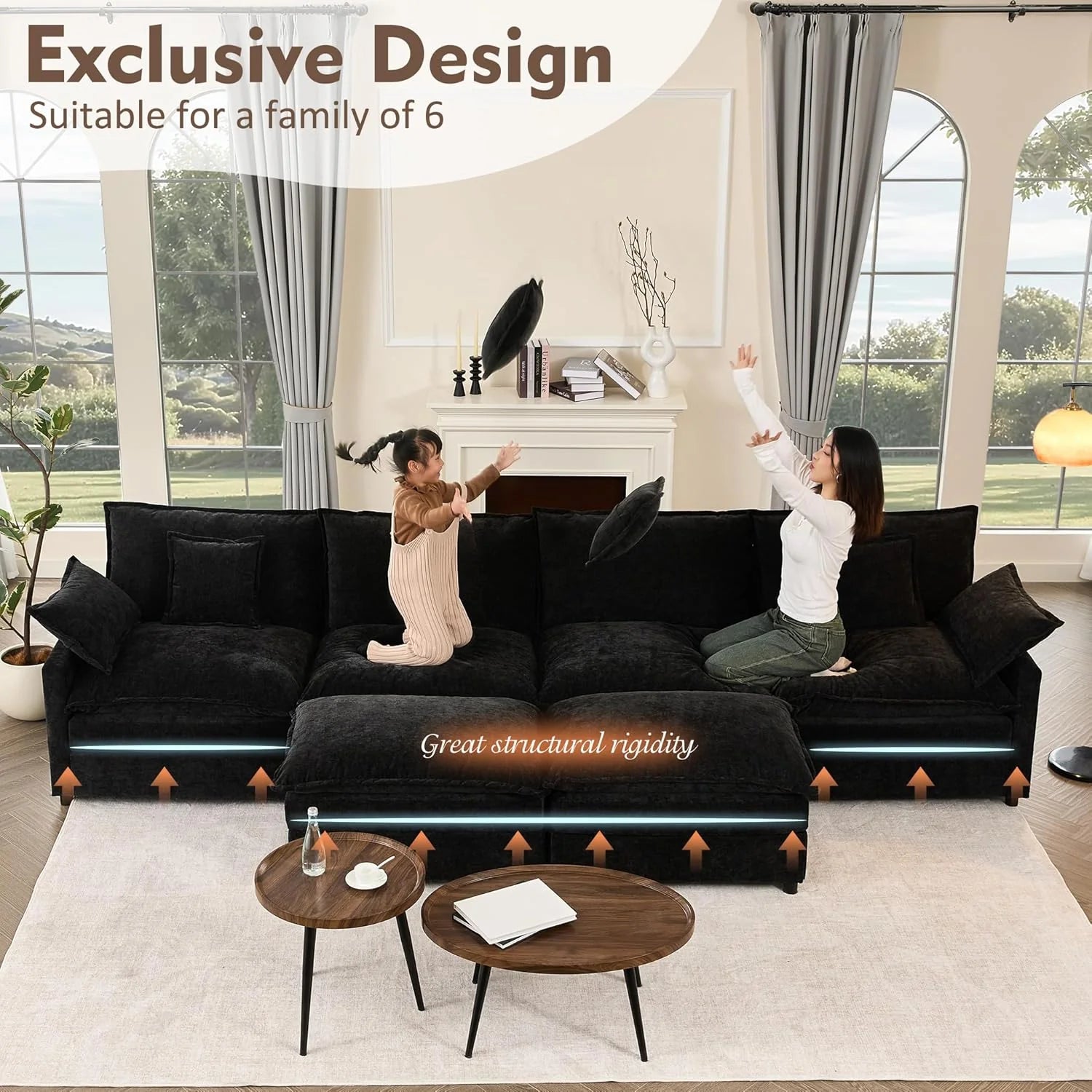 108" U Shaped Couch, Modular Sectional Sofa, 3-Seater Comfy Cloud Couch with Movable Ottoman, Deep Seat Couches for Living Room, Linen, Beige