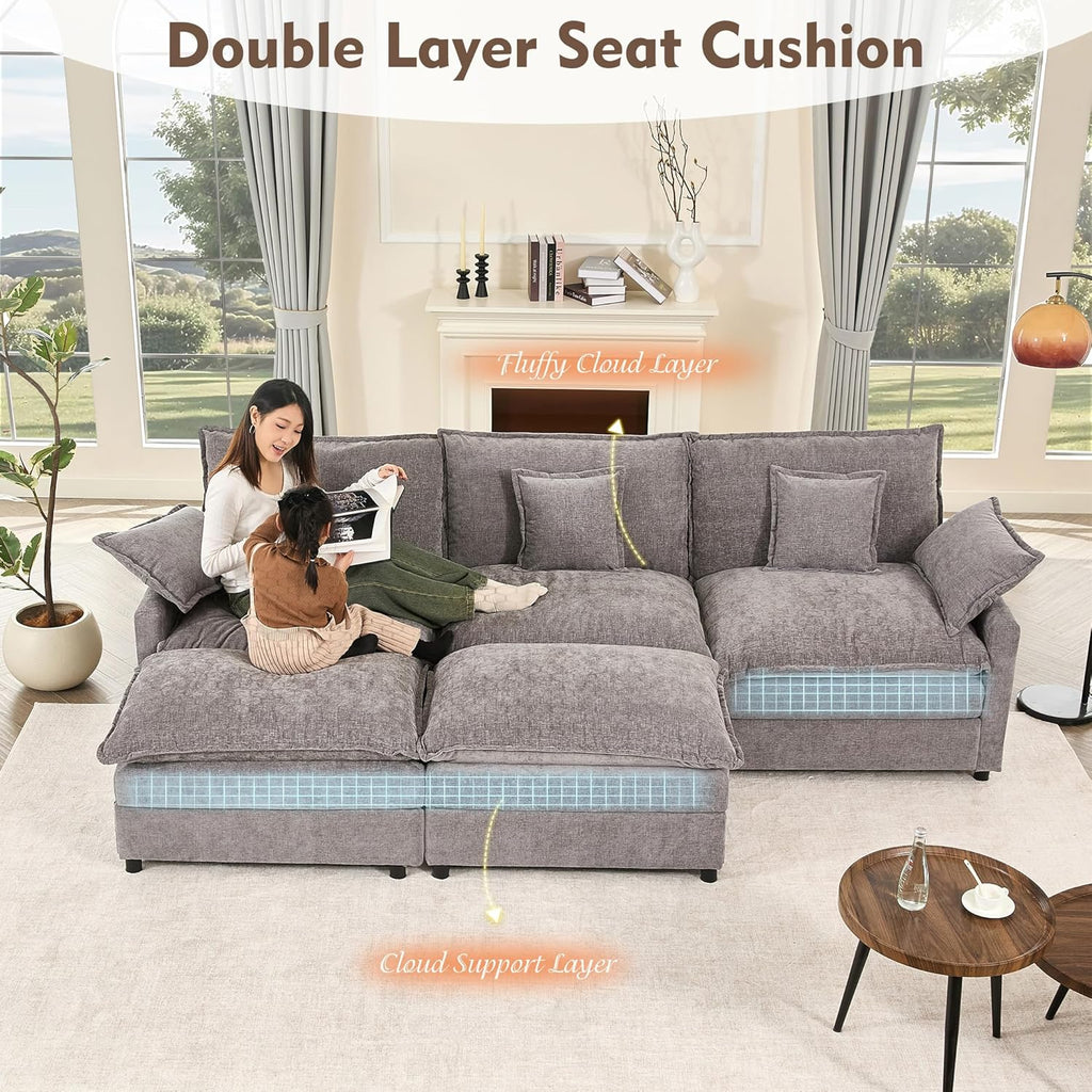 108" U Shaped Couch, Modular Sectional Sofa, 3-Seater Comfy Cloud Couch with Movable Ottoman, Deep Seat Couches for Living Room, Linen, Beige