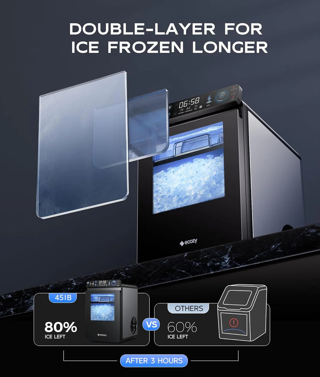 Nugget Ice Maker Countertop, Smart Pebble Ice Machine with APP Control, 44 lbs/24H Soft Pellet Chewable Ice with Self-Cleaning, Stainless Steel.