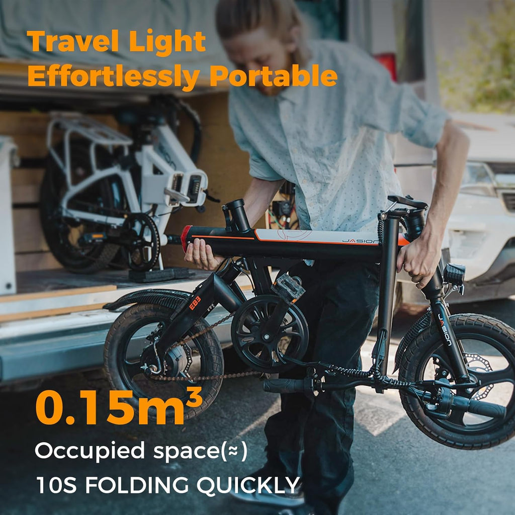 Jasion EB3 Electric Bike Adults 21mph, 500W Peak Motor, 270Wh Battery, Rear Suspension, 3 Levels Assist, 14&prime;&prime; Folding Ebike for Adults and Teens, Complies to UL2849