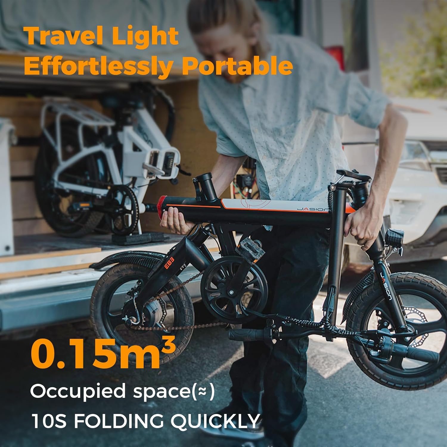 Jasion EB3 Electric Bike Adults 21mph, 500W Peak Motor, 270Wh Battery, Rear Suspension, 3 Levels Assist, 14&prime;&prime; Folding Ebike for Adults and Teens, Complies to UL2849