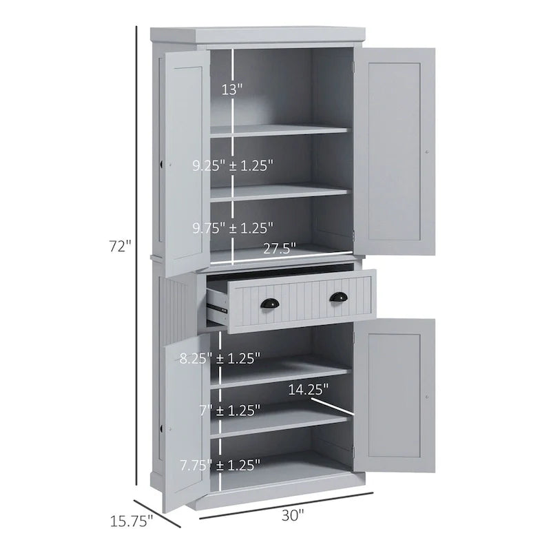 72  Kitchen Pantry Storage Cabinet, Traditional Freestanding Cabinet with 4 Doors and 3 Adjustable Shelves, Large Central Drawer