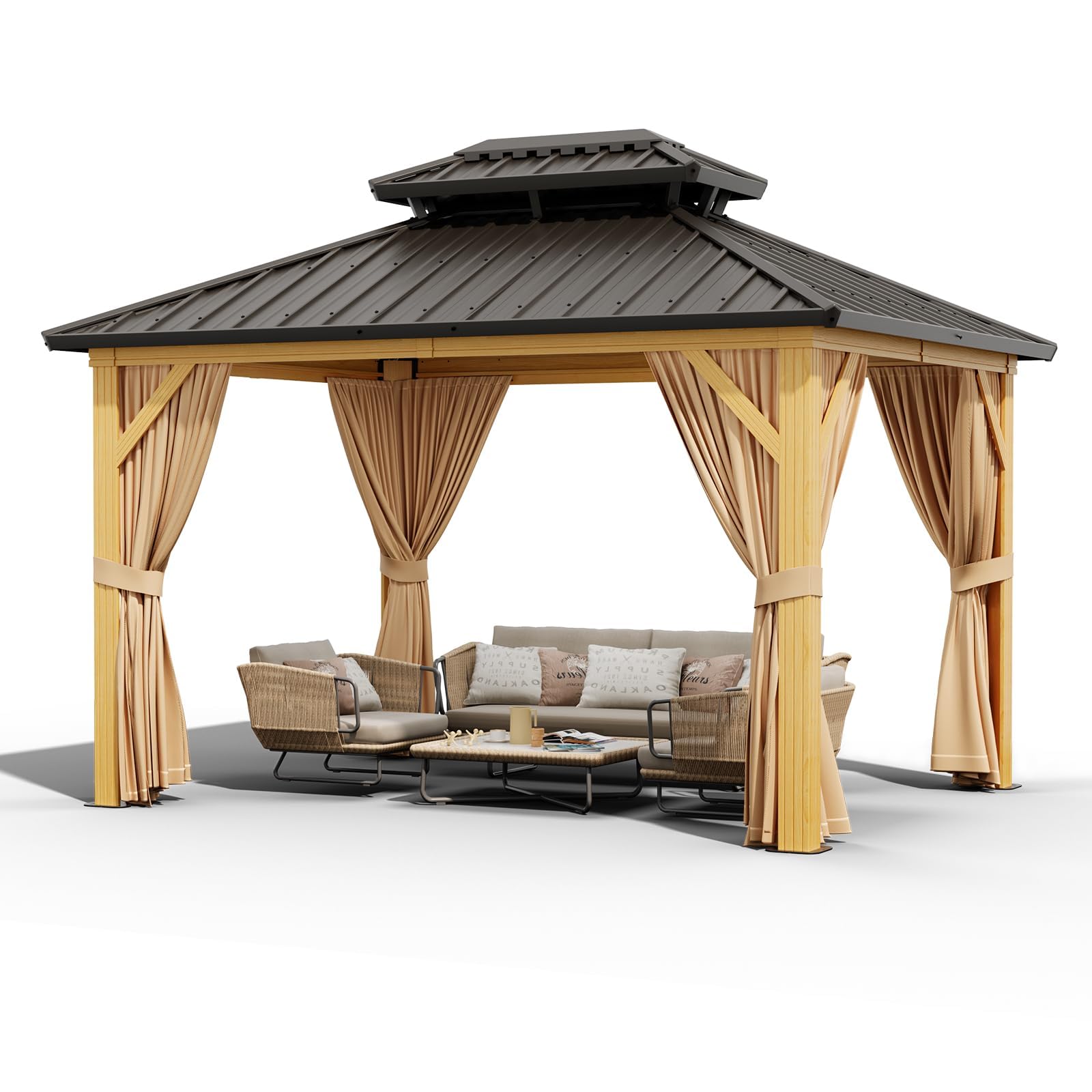 2025 10X13 FT Outdoor Galvanised Steel Hardtop Gazebo, Heavy Duty Double Roof Outdoor Gazebo with Netting and Sunshade Curtains, Aluminium Framed Gazebo for Patio, Terrace, Lawn and Deck, Khaki