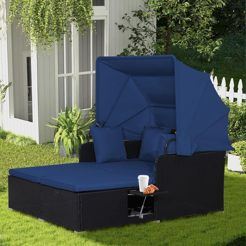 RELAX4LIFE Patio Outdoor Daybed Canopy Wicker Sunbed Cushions Lounge Bed Conversation