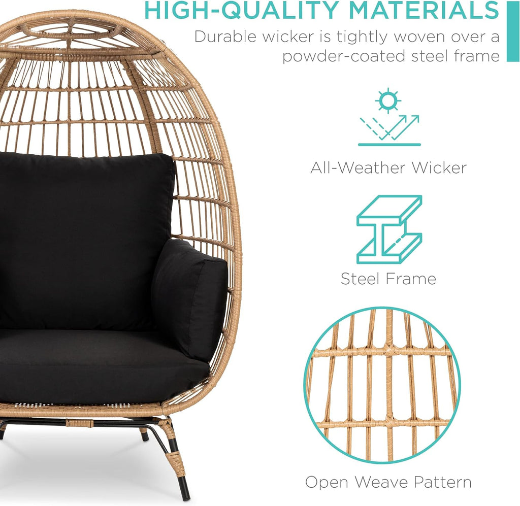 Best Choice Products Wicker Egg Chair Oversized Indoor Outdoor Lounger for Patio Backyard Living Room w/ 4 Cushions Steel Frame 440lb Capacity - Ivory
