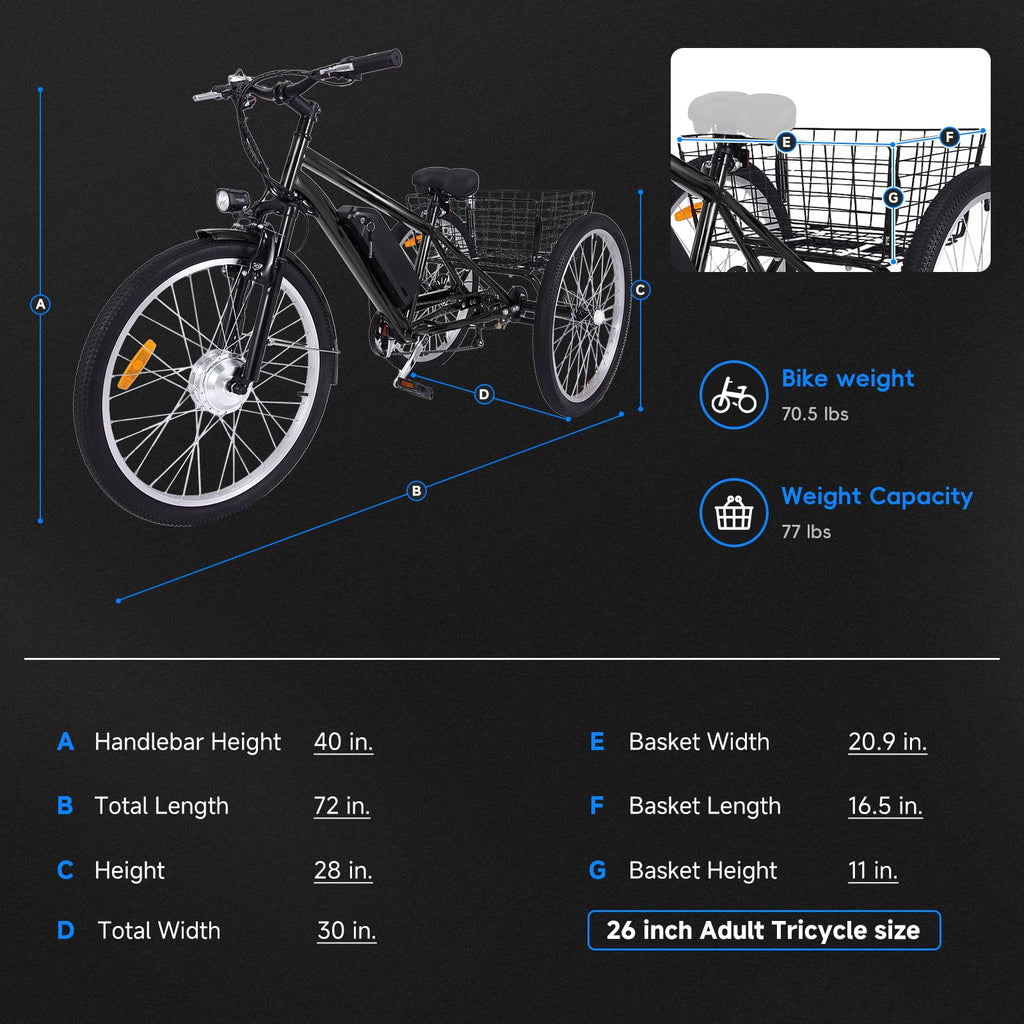 2025 26 Inch Adult 3 Wheel Electric Tricycle with Basket, Fat Tires,7 Speeds,350W Powerful Motor, 36V 10Ah Removable Battery Dark Gray