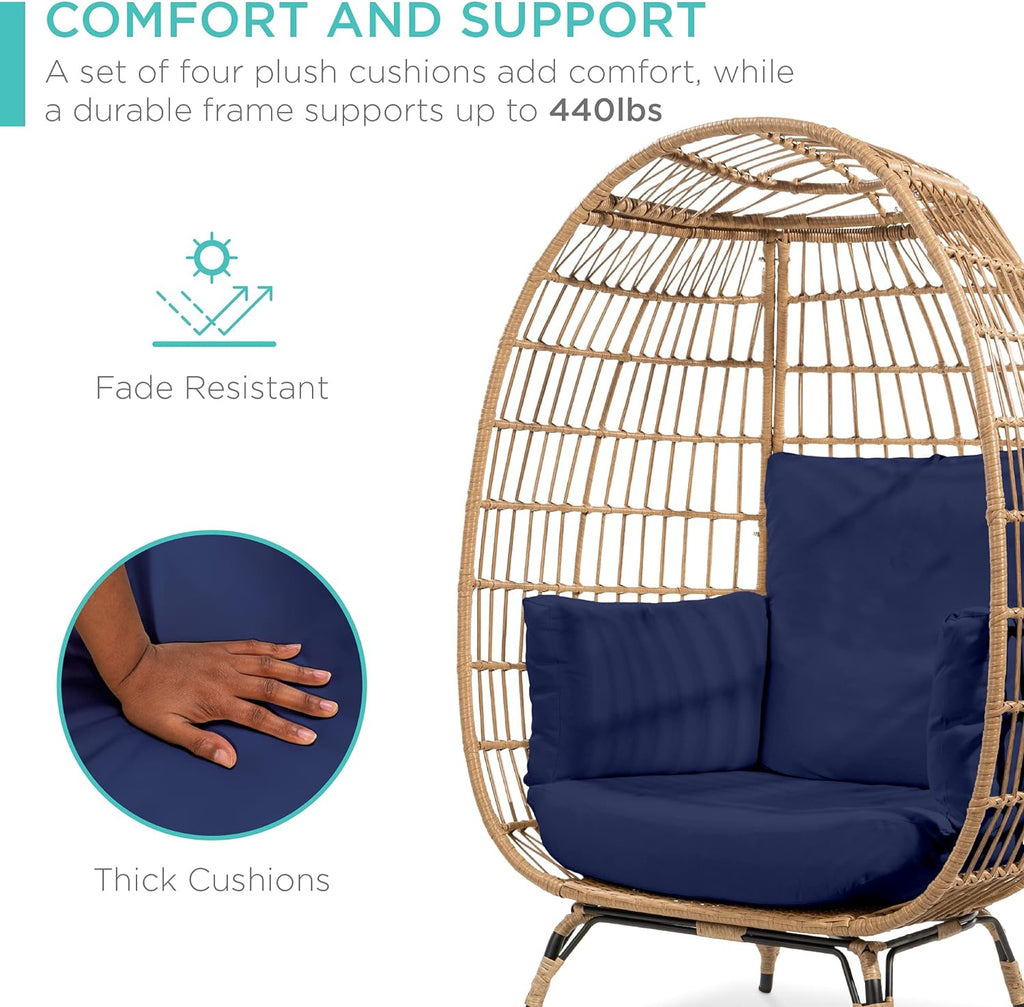 Best Choice Products Wicker Egg Chair Oversized Indoor Outdoor Lounger for Patio Backyard Living Room w/ 4 Cushions Steel Frame 440lb Capacity - Ivory