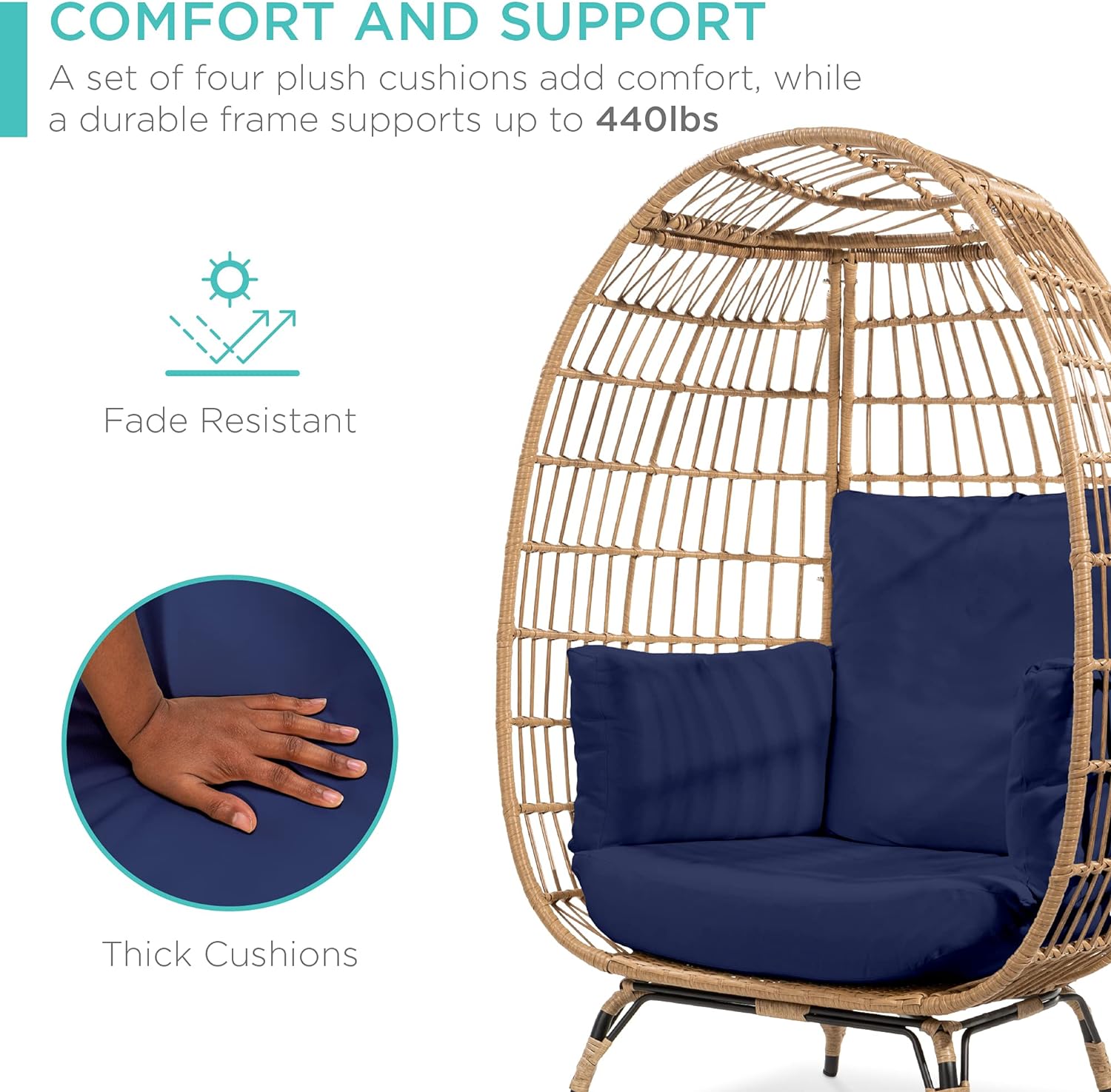Best Choice Products Wicker Egg Chair Oversized Indoor Outdoor Lounger for Patio Backyard Living Room w/ 4 Cushions Steel Frame 440lb Capacity - Ivory