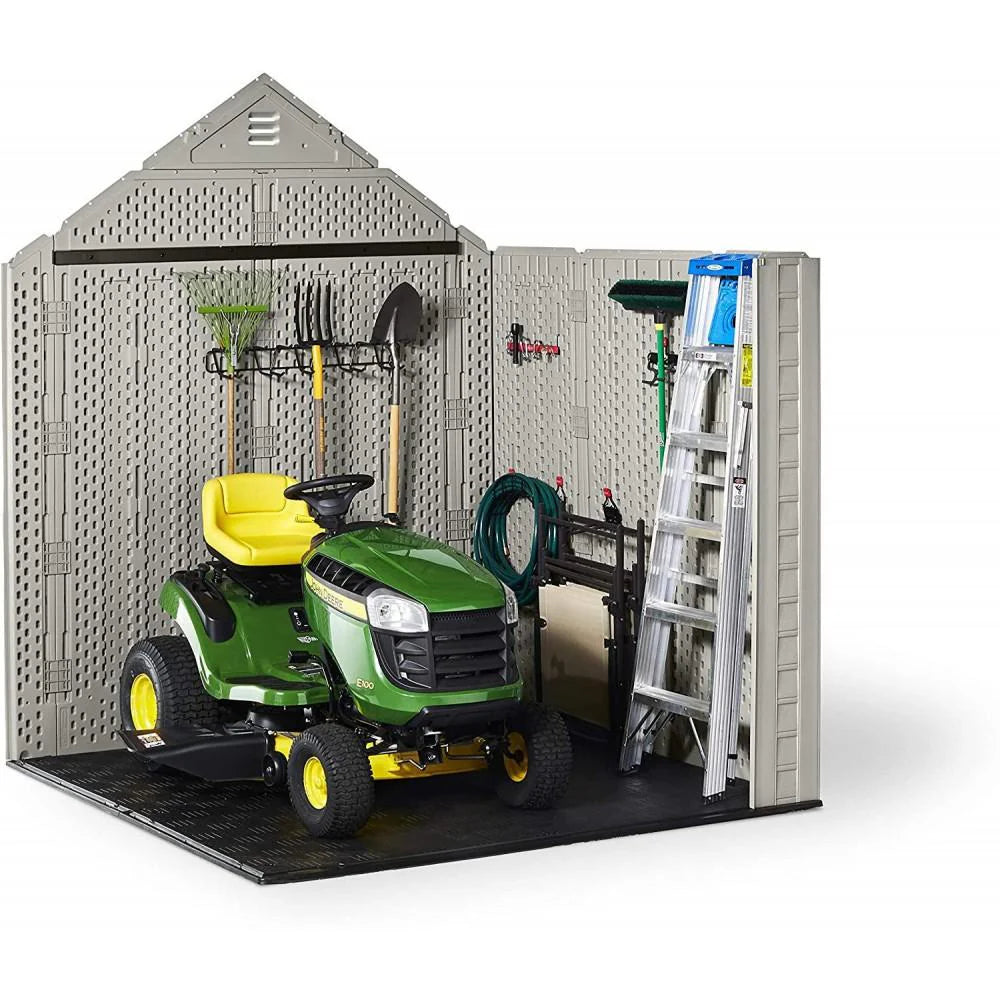 Rubbermaid 7×7 Ft Durable Weather Resistant Resin Outdoor Garden Storage Shed with Windows and Utility Hooks, Sand