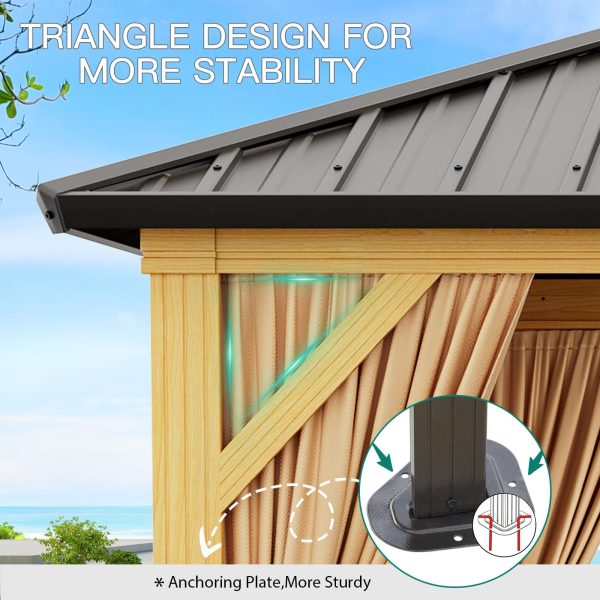 2025 10X13 FT Outdoor Galvanised Steel Hardtop Gazebo, Heavy Duty Double Roof Outdoor Gazebo with Netting and Sunshade Curtains, Aluminium Framed Gazebo for Patio, Terrace, Lawn and Deck, Khaki