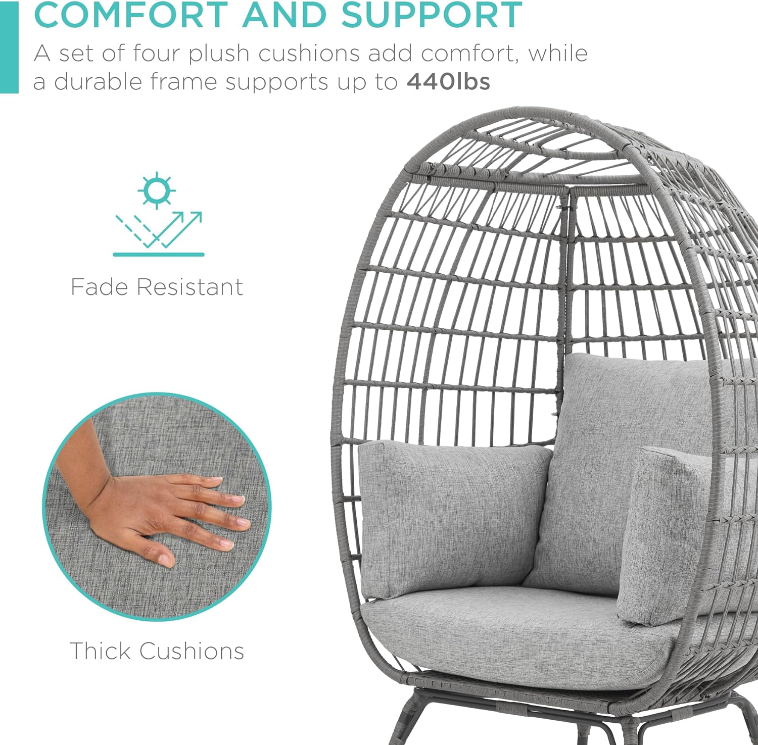 Best Choice Products Wicker Egg Chair Oversized Indoor Outdoor Lounger for Patio Backyard Living Room w/ 4 Cushions Steel Frame 440lb Capacity - Ivory