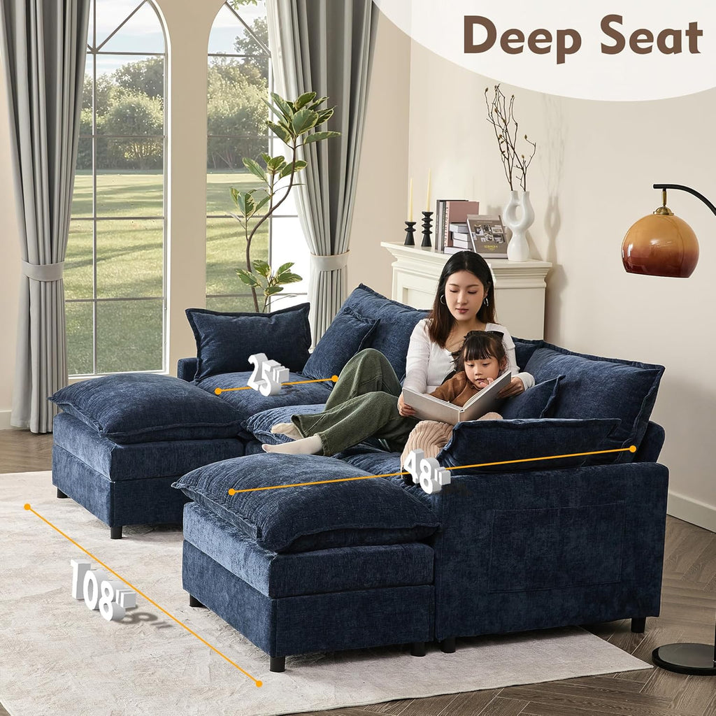 108" U Shaped Couch, Modular Sectional Sofa, 3-Seater Comfy Cloud Couch with Movable Ottoman, Deep Seat Couches for Living Room, Linen, Beige