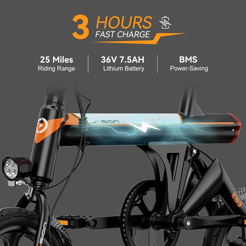 Jasion EB3 Electric Bike Adults 21mph, 500W Peak Motor, 270Wh Battery, Rear Suspension, 3 Levels Assist, 14&prime;&prime; Folding Ebike for Adults and Teens, Complies to UL2849