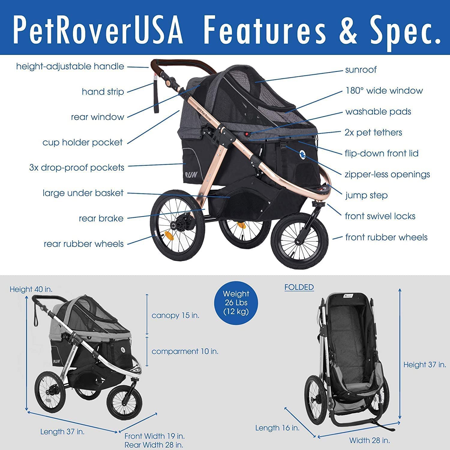 Jogging Sports Stroller with Comfort Rubber Wheels/Zipper-Less Entry/1-Hand Quick Fold/Aluminum Frame for Small/Medium Dogs Cats and Pets (Green Camo)