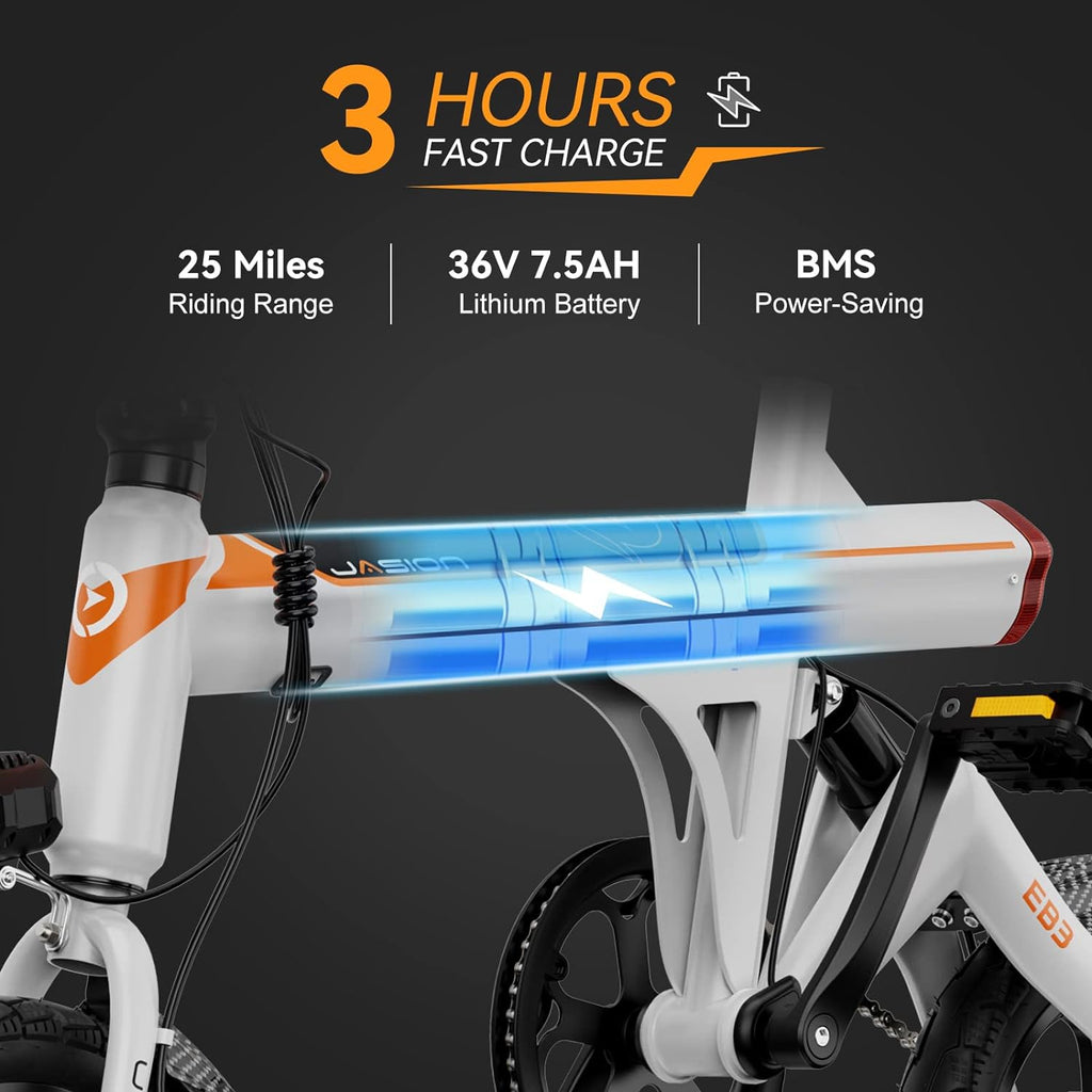 Jasion EB3 Electric Bike Adults 21mph, 500W Peak Motor, 270Wh Battery, Rear Suspension, 3 Levels Assist, 14&prime;&prime; Folding Ebike for Adults and Teens, Complies to UL2849