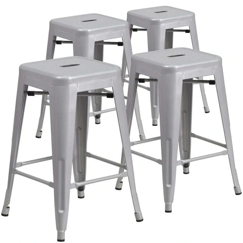 4 Pack 24H Backless Metal Indoor-Outdoor Counter Height Stool w/Square Seat