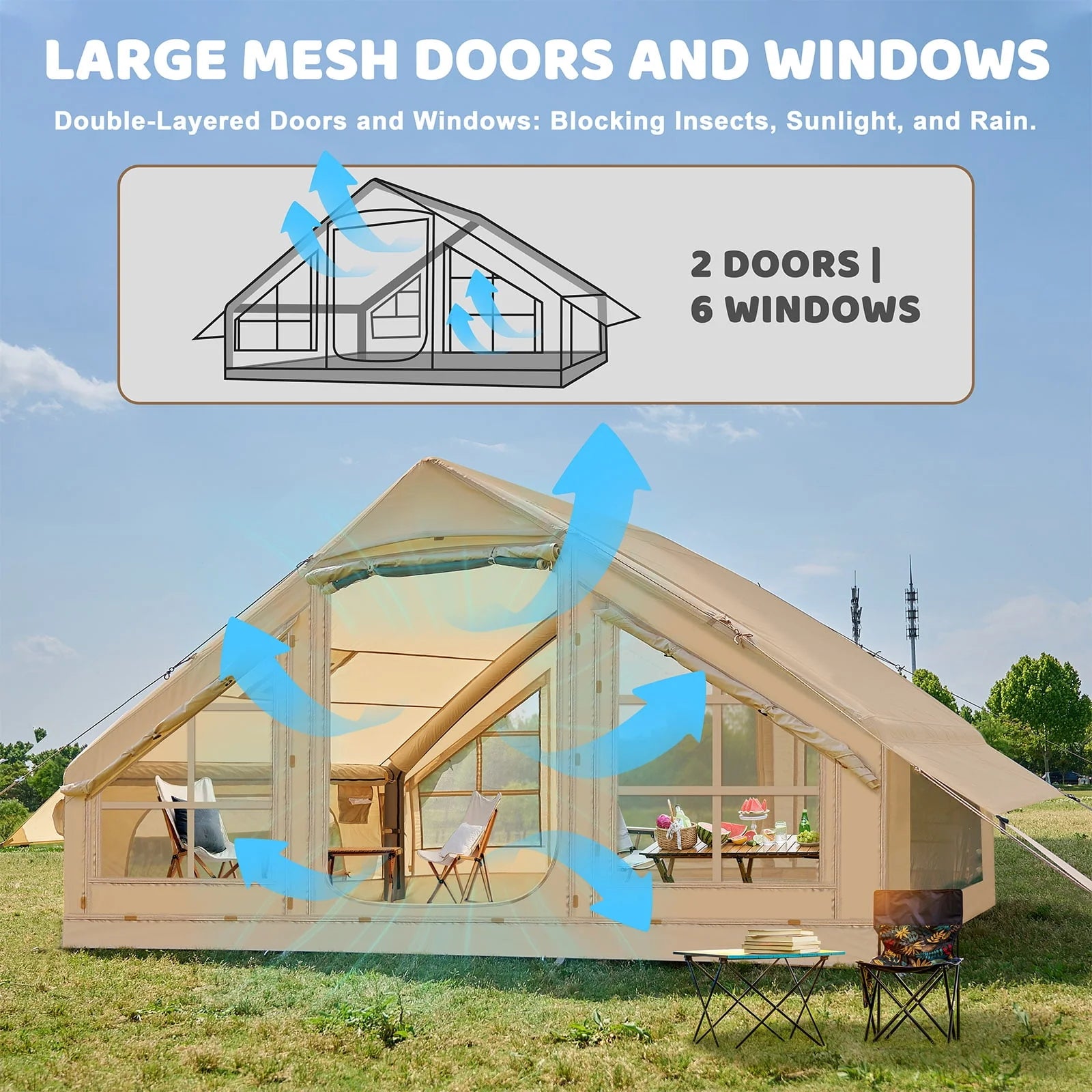 2025 6 Person Inflatable Camping Tent with Pump, 10ft x7ft Glamping Family Tent Easy Setup 4 Season Waterproof Windproof Outdoor Blow Up Tent Luxury Oxford Cabin with Mesh Windows & Doors  sgtnighsdesigns