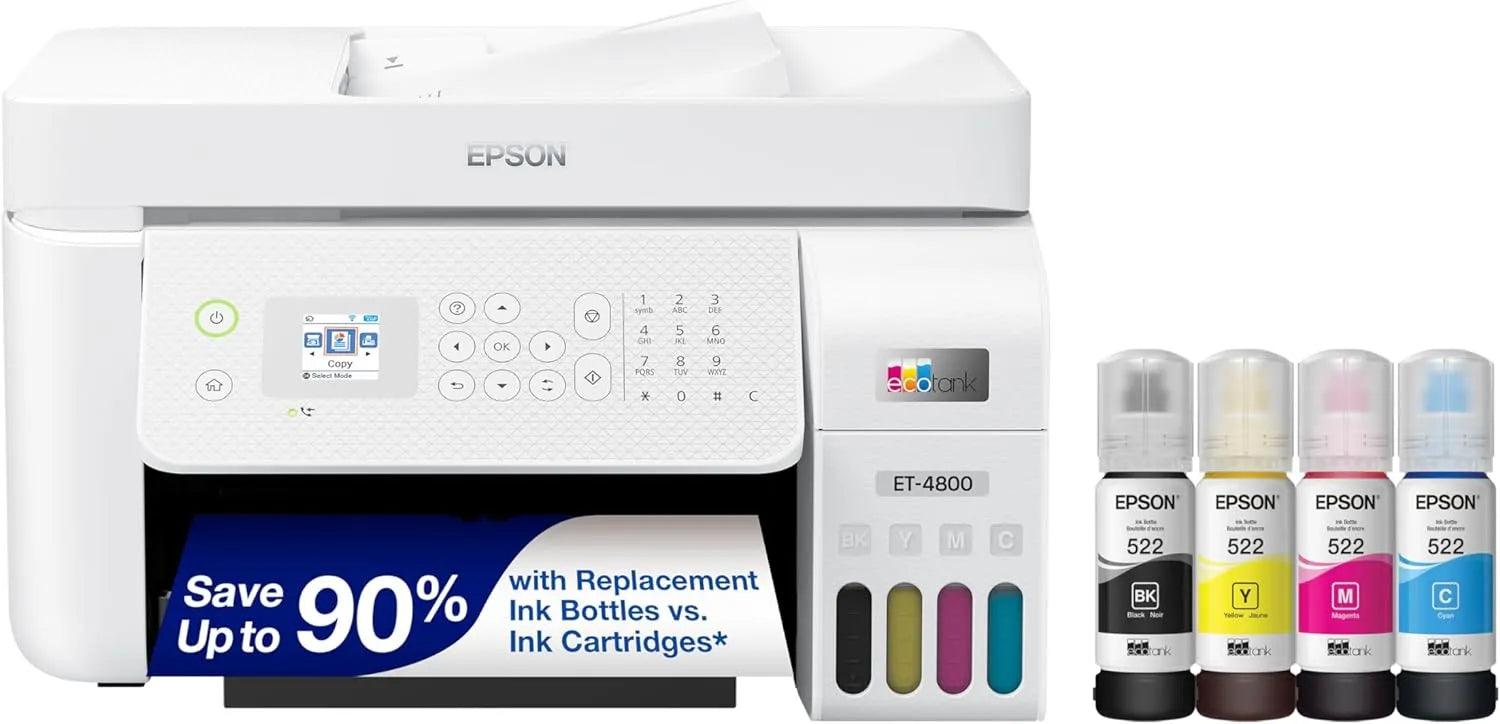 Epson EcoTank ET 4800 Wireless All in One Inkjet Printer, White &ndash; Cartridge Free, Scanner, Copier, Fax, ADF, Ethernet, Home Office