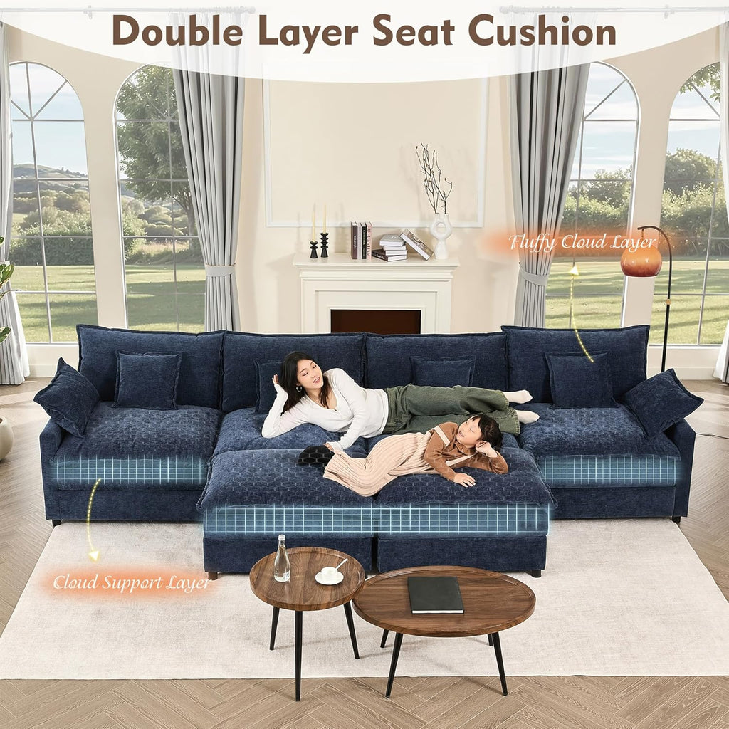 108" U Shaped Couch, Modular Sectional Sofa, 3-Seater Comfy Cloud Couch with Movable Ottoman, Deep Seat Couches for Living Room, Linen, Beige