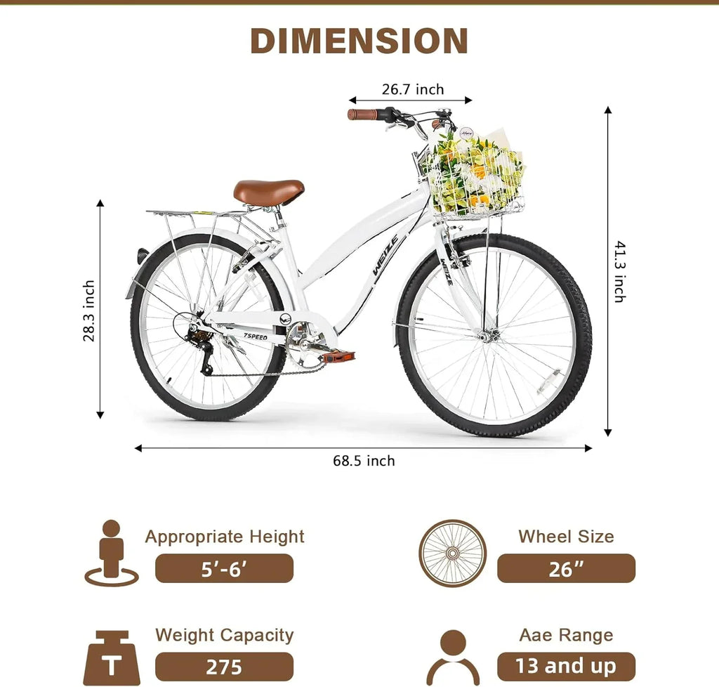 WEIZE Beach Cruiser Bike 26 inch Commuter Bicycle for Adult Men and Women 7-Speed/High-Carbon