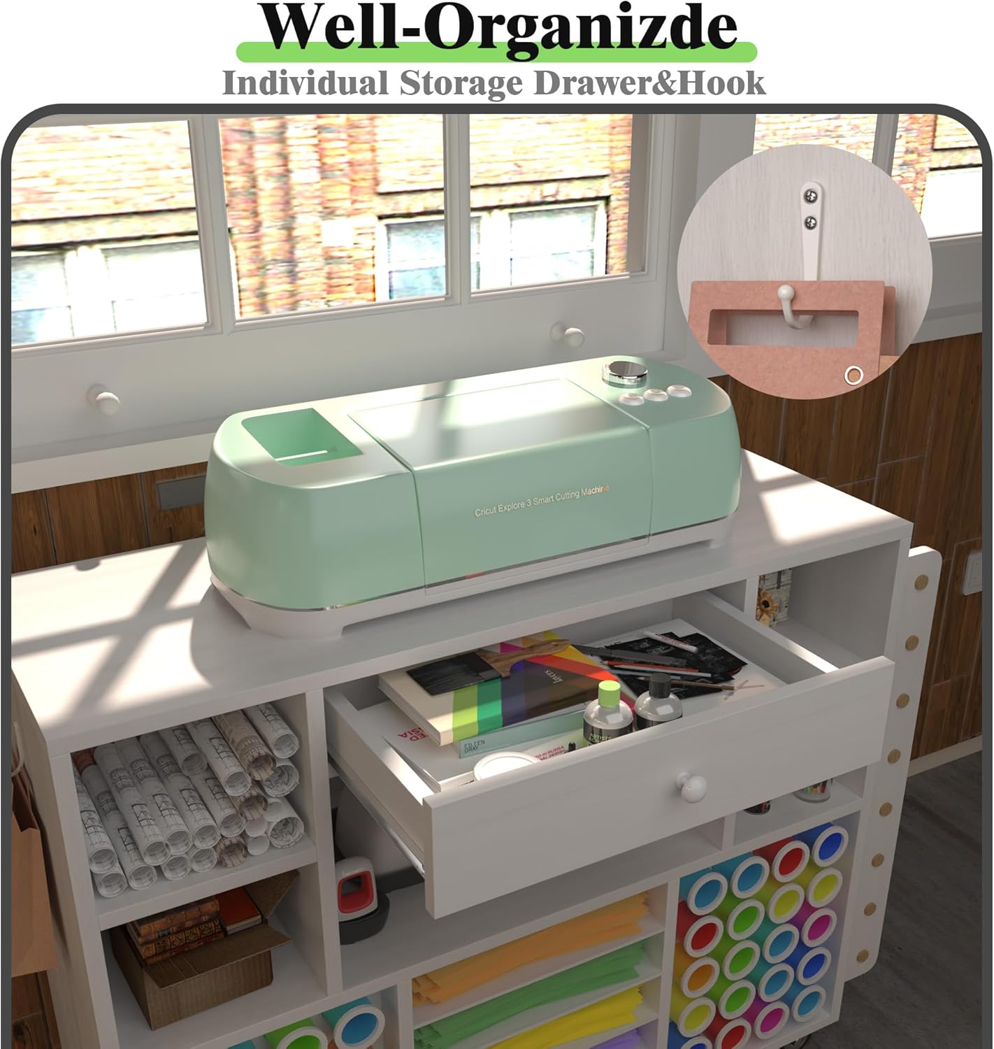 2025 Craft organization and storage Cart Compatible with Cricut Machine, Rolling Craft Organizer With large drawer & 48 Vinyl Roll Holder, Crafting Cabinet Table Workstation for Craft Room Home