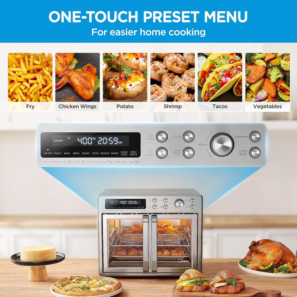 Flexify French Door Toaster Oven Air Fryer Combo, 26.4 QT, Extra Large Air Fryer Countertop Oven 10-in-1 Combo, 25% Faster Cooking and 90% Less Oil, Stainless Steel