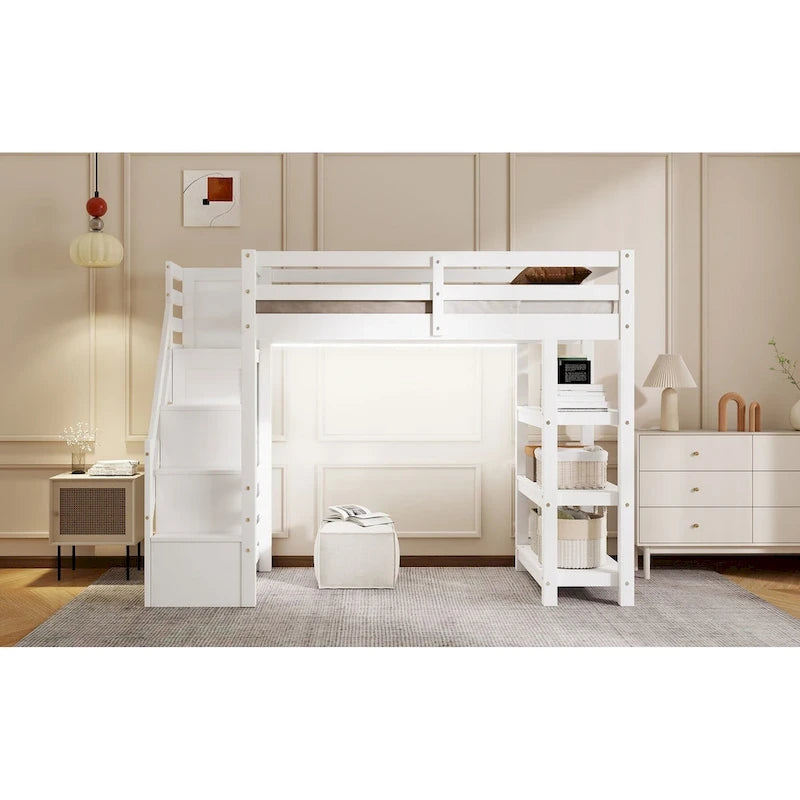 Full/Twin Loft Bed with Storage Stairs - Shelves, Wardrobe & LED Light, Space-Saving Design