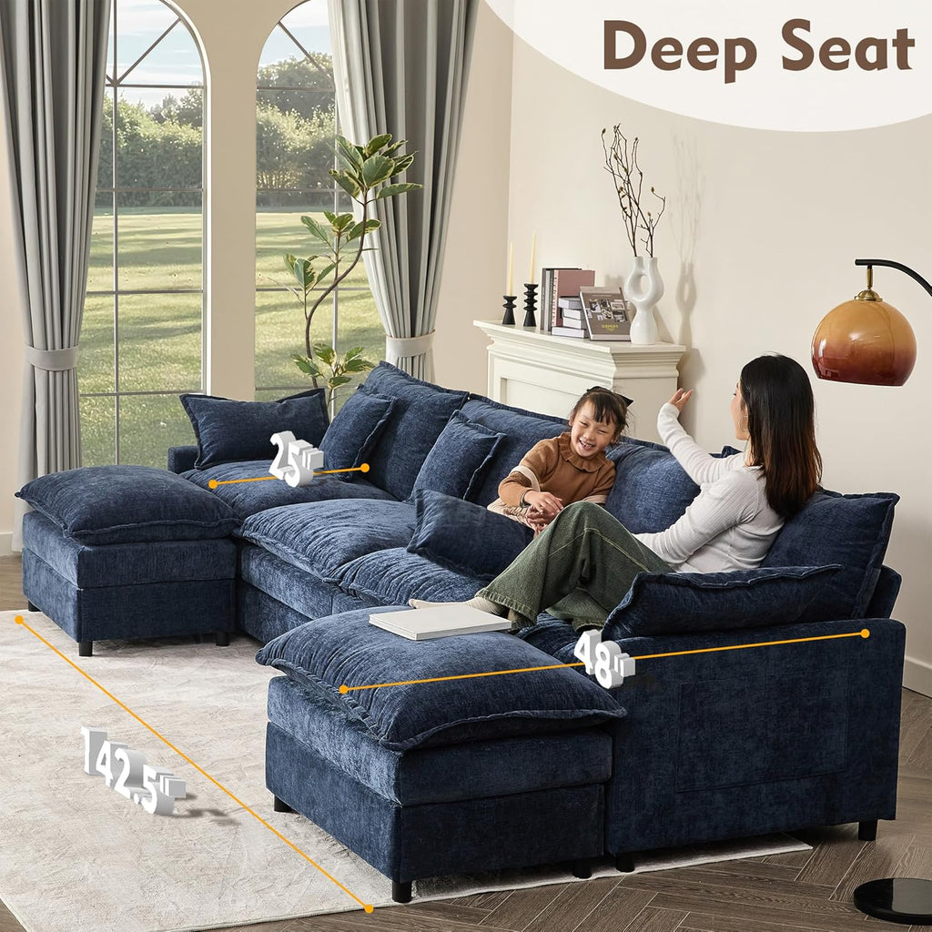 108" U Shaped Couch, Modular Sectional Sofa, 3-Seater Comfy Cloud Couch with Movable Ottoman, Deep Seat Couches for Living Room, Linen, Beige