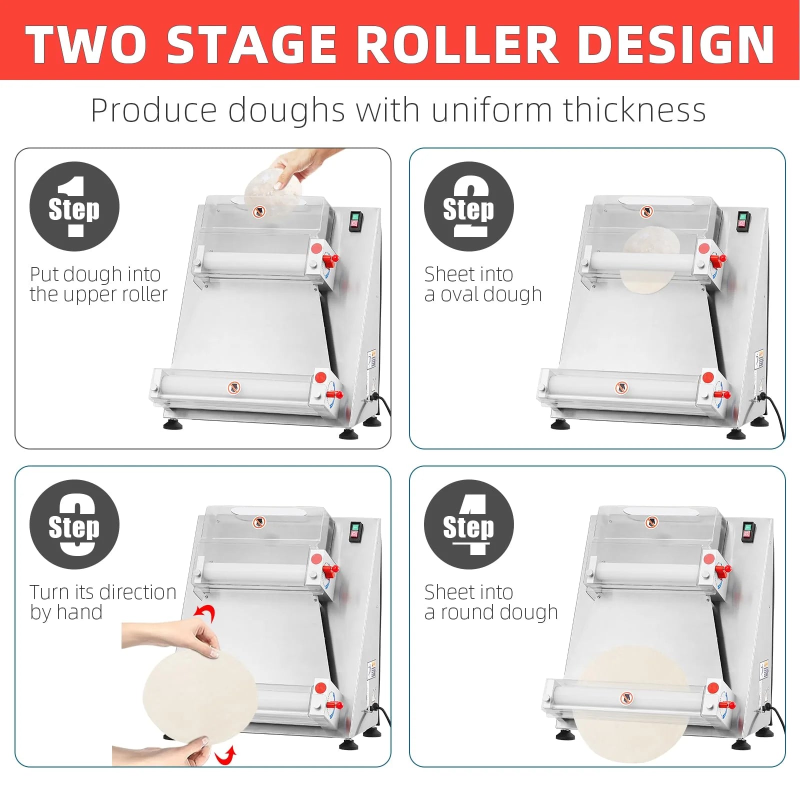 Commercial Pizza Dough Roller Sheeter, Max 16", Automatic 370W Electric Pizza Dough Roller, Stainless Steel, Suitable for Noodle, Pizza Bread and Pasta Maker Equipment