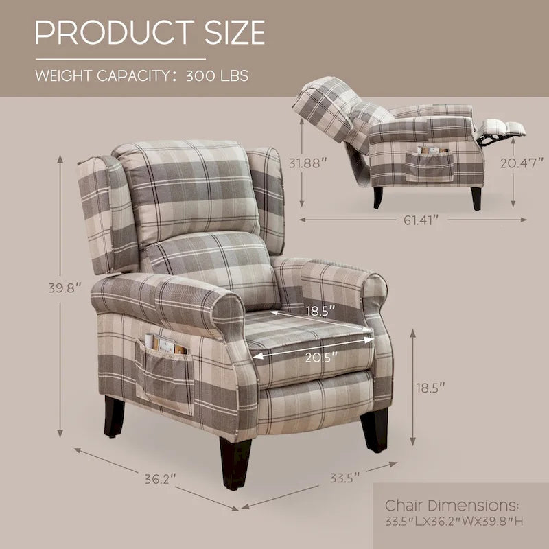 Manual Pushback Recliner Adjustable Accent Chair Wingback Armchair Set of 2