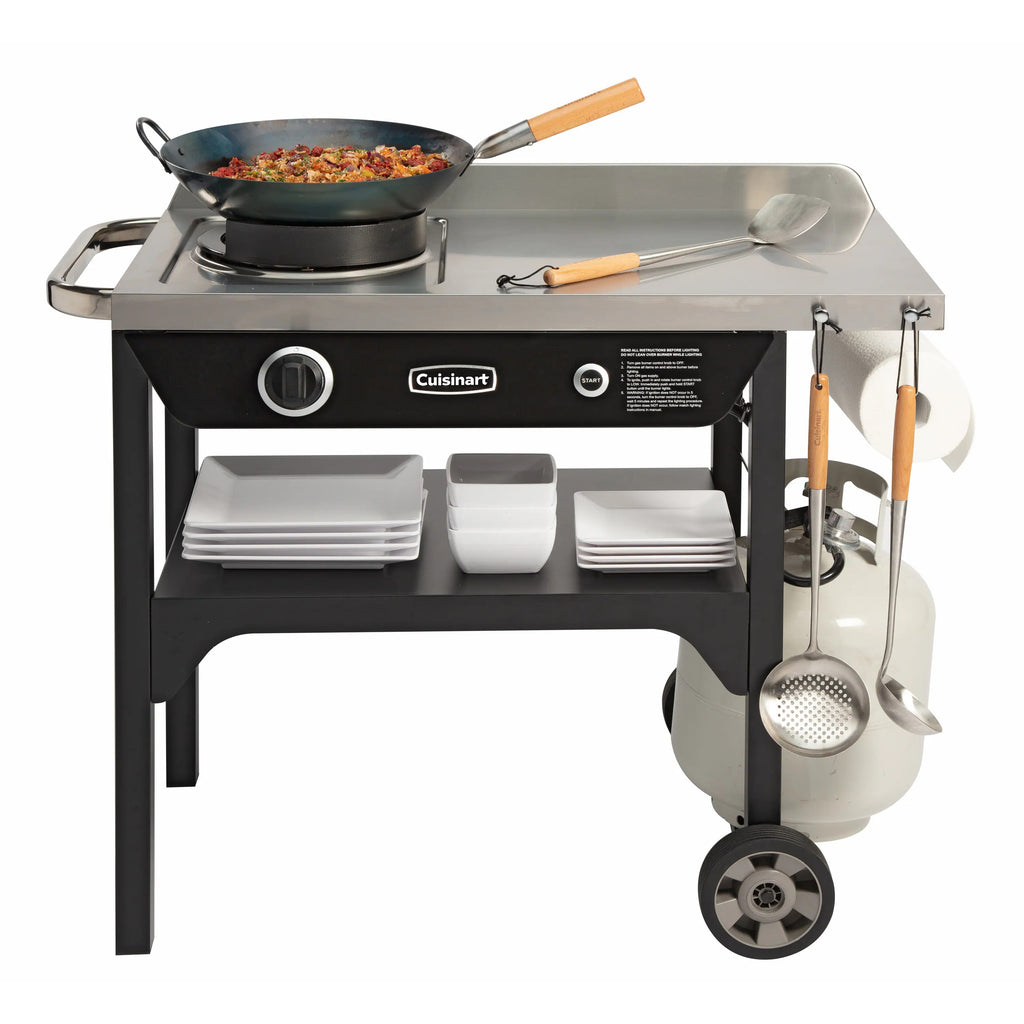 Cuisinart – Outdoor Wok Station, 50,000 BTU Propane Outdoor Wok Burner w Prep Table, 14′′ Carbon Steel Wok for Stir Fry, Searing, BBQ – Black