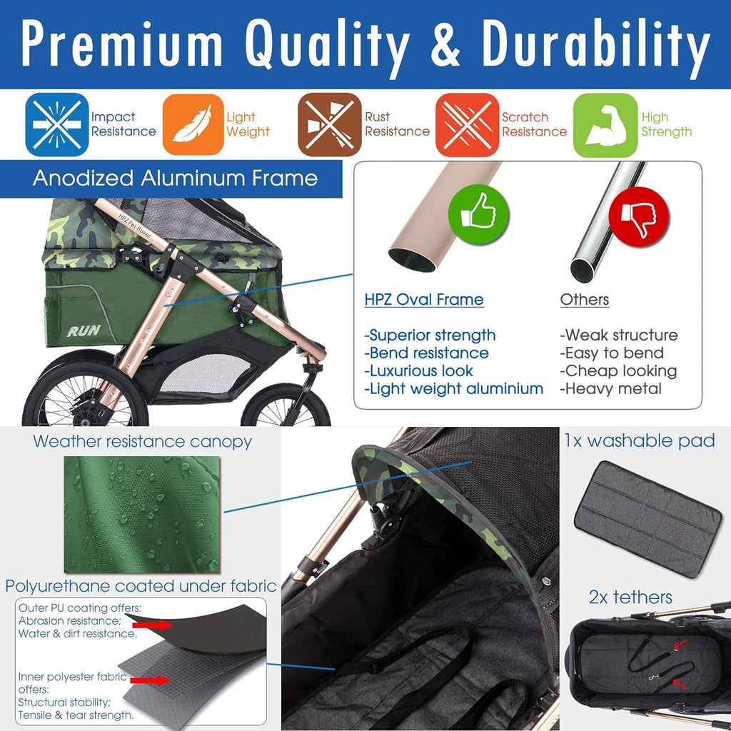 Jogging Sports Stroller with Comfort Rubber Wheels/Zipper-Less Entry/1-Hand Quick Fold/Aluminum Frame for Small/Medium Dogs Cats and Pets (Green Camo)