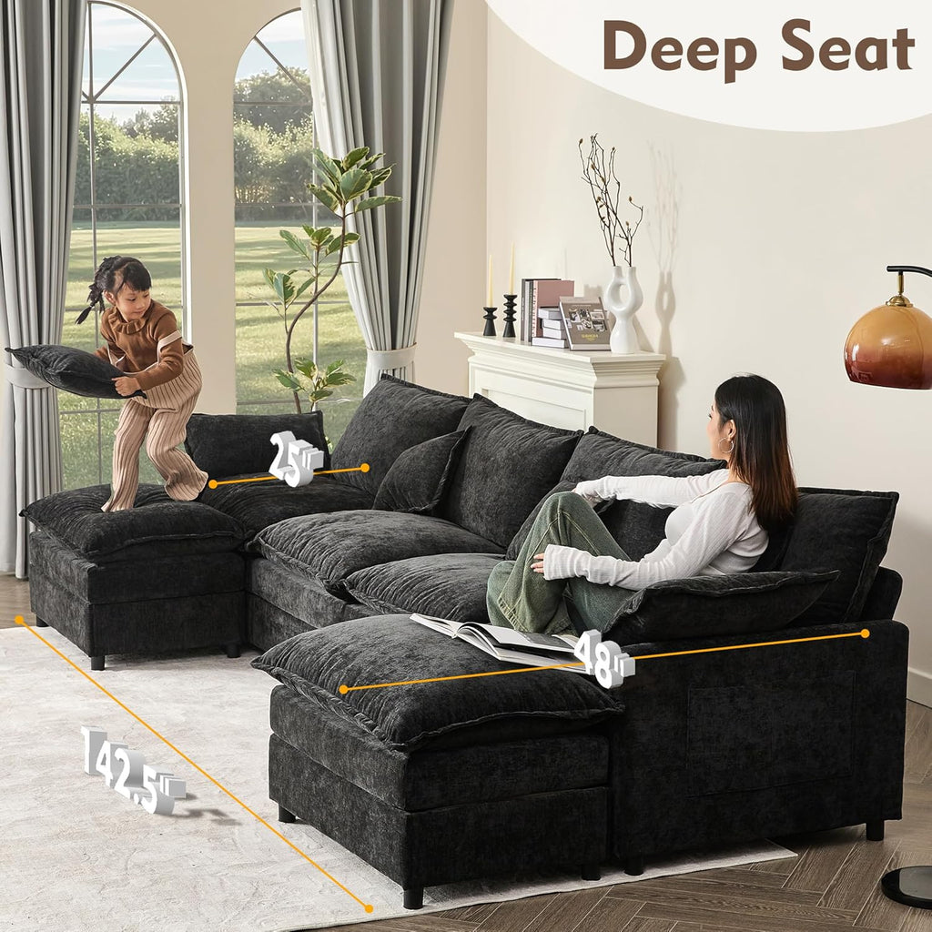 108" U Shaped Couch, Modular Sectional Sofa, 3-Seater Comfy Cloud Couch with Movable Ottoman, Deep Seat Couches for Living Room, Linen, Beige