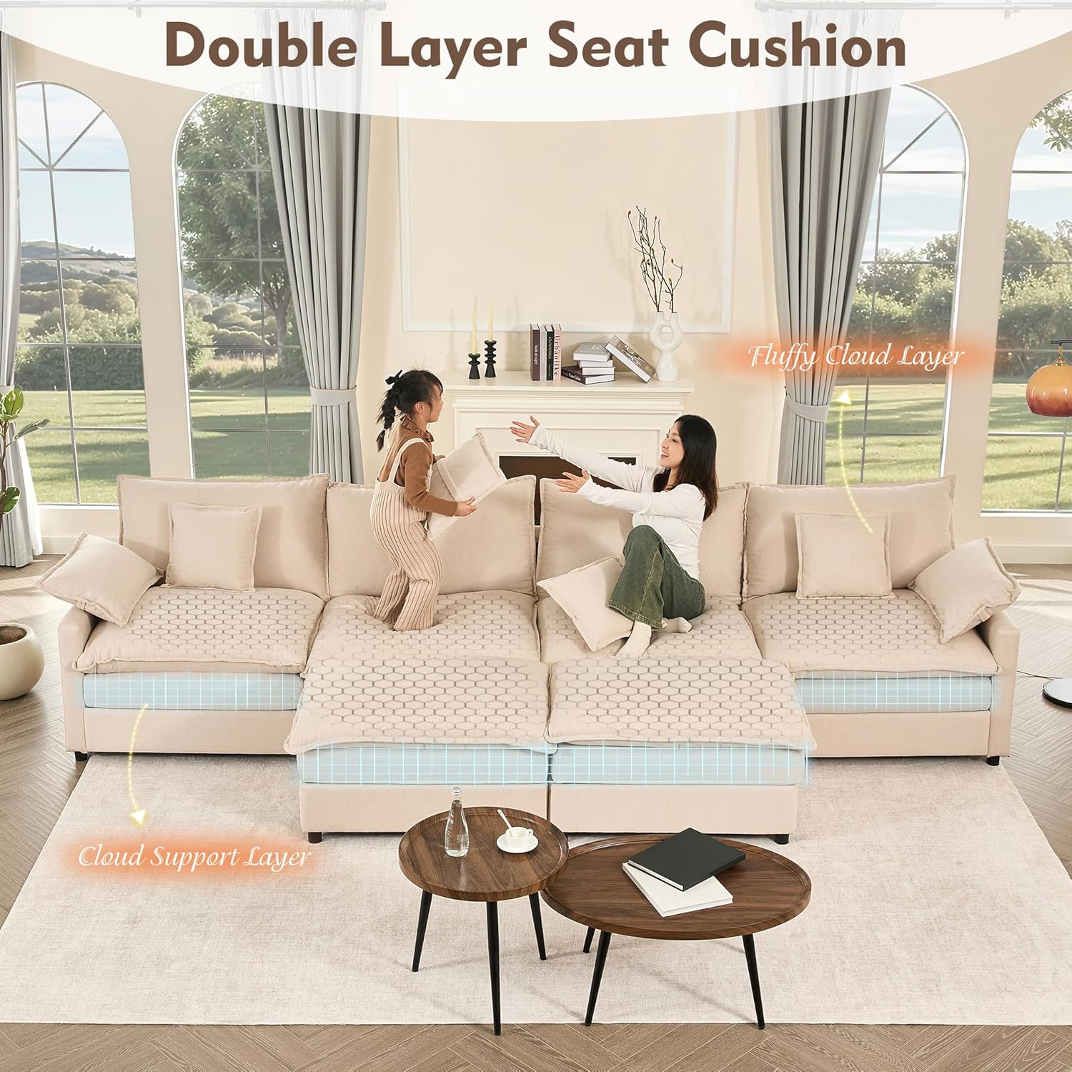 108" U Shaped Couch, Modular Sectional Sofa, 3-Seater Comfy Cloud Couch with Movable Ottoman, Deep Seat Couches for Living Room, Linen, Beige