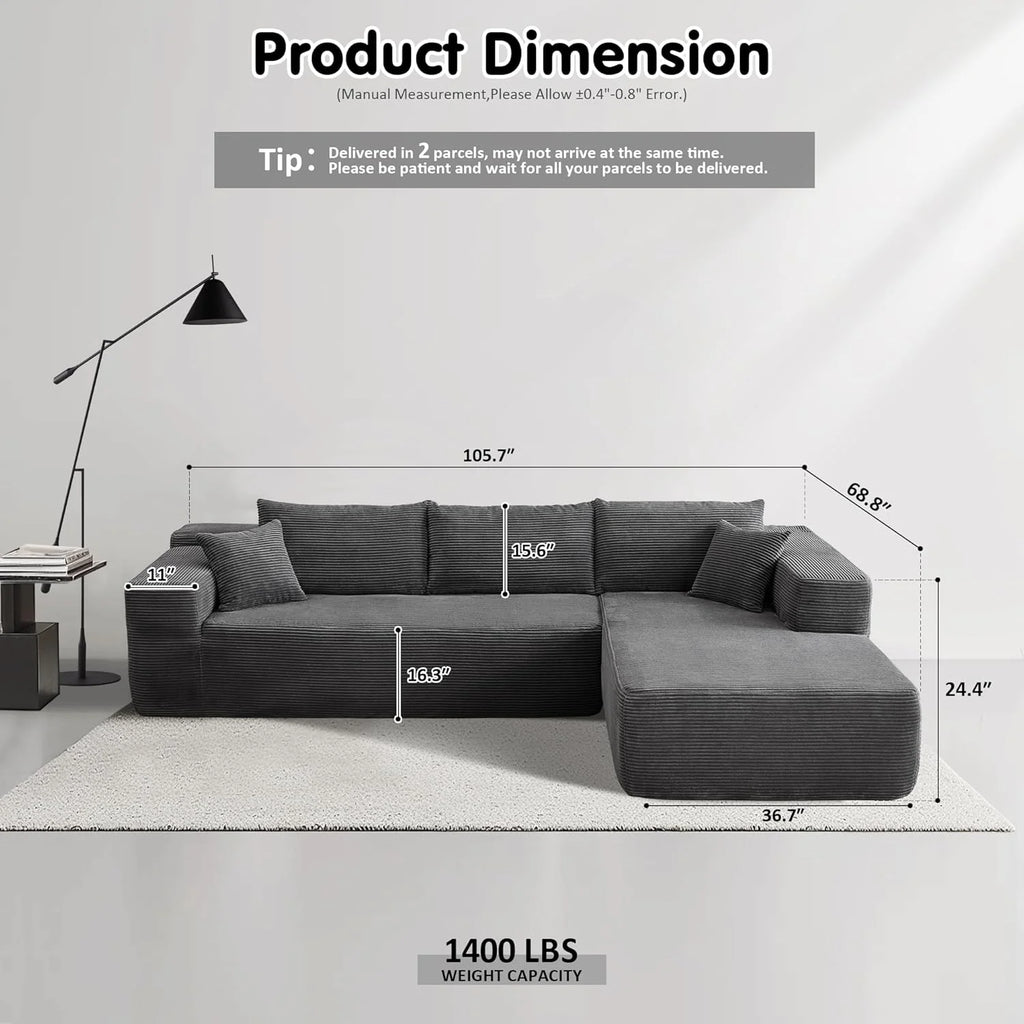ovios 104" Cloud Sectional Couch with L-Shape Chaise,Modern Modular Sofa with Deep Seat, Upholstered Couches for Living Room Bedroom,No Assembly Required, Grey (Plush Corduroy Fabric)