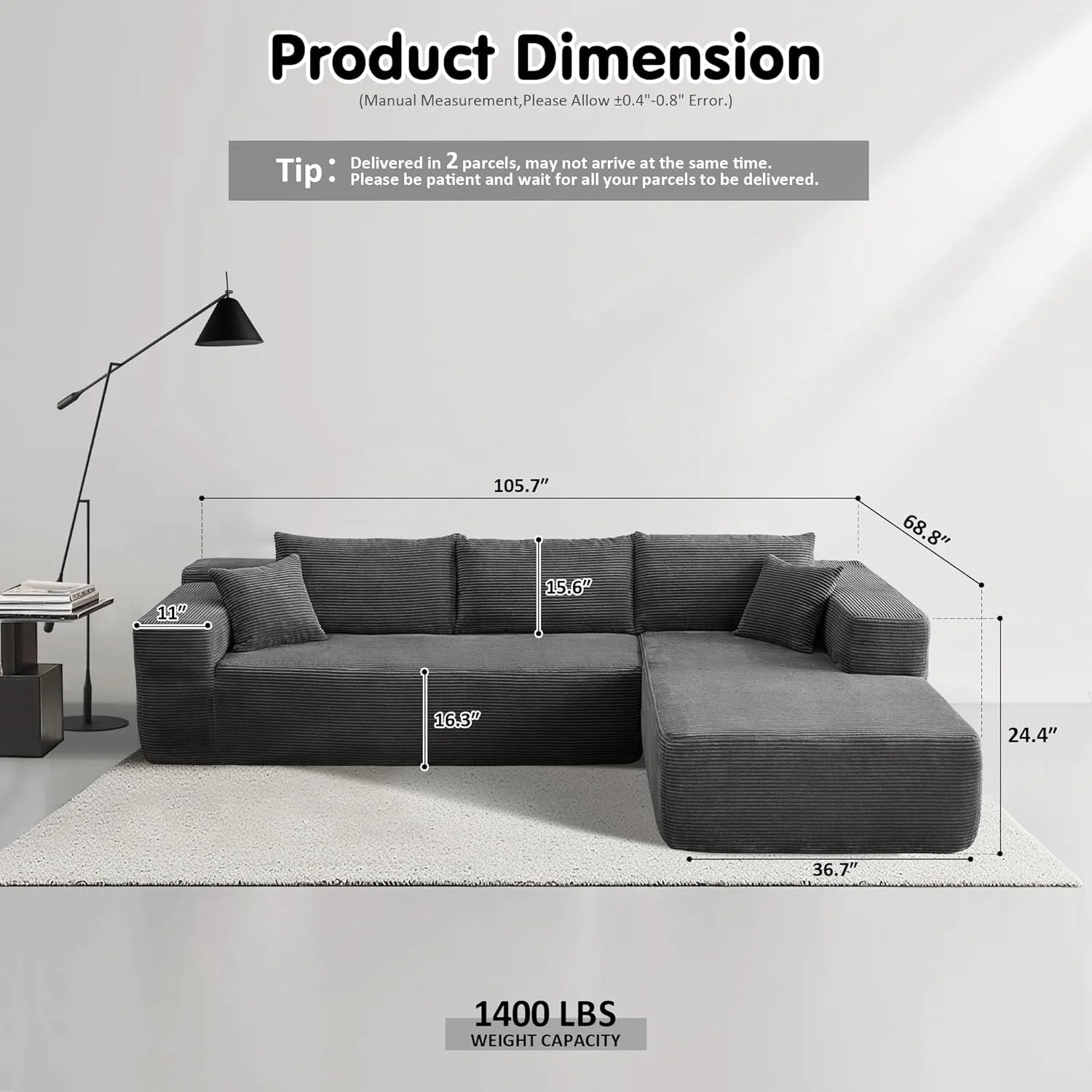 ovios 104" Cloud Sectional Couch with L-Shape Chaise,Modern Modular Sofa with Deep Seat, Upholstered Couches for Living Room Bedroom,No Assembly Required, Grey (Plush Corduroy Fabric)
