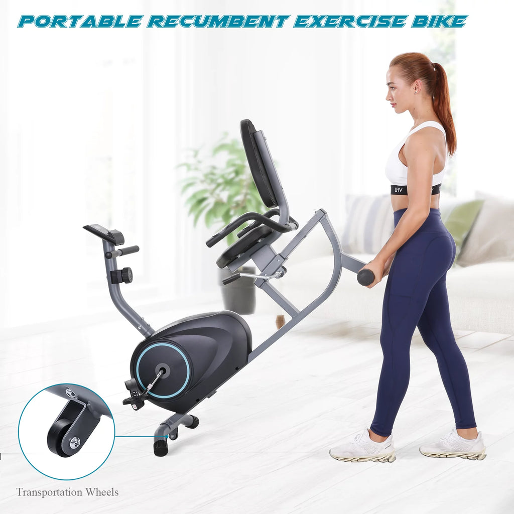 2025 Recumbent Exercise Bike with 8 Levels Adjustable Resistance, LCD Monitor, Pad Holder, Wheels
