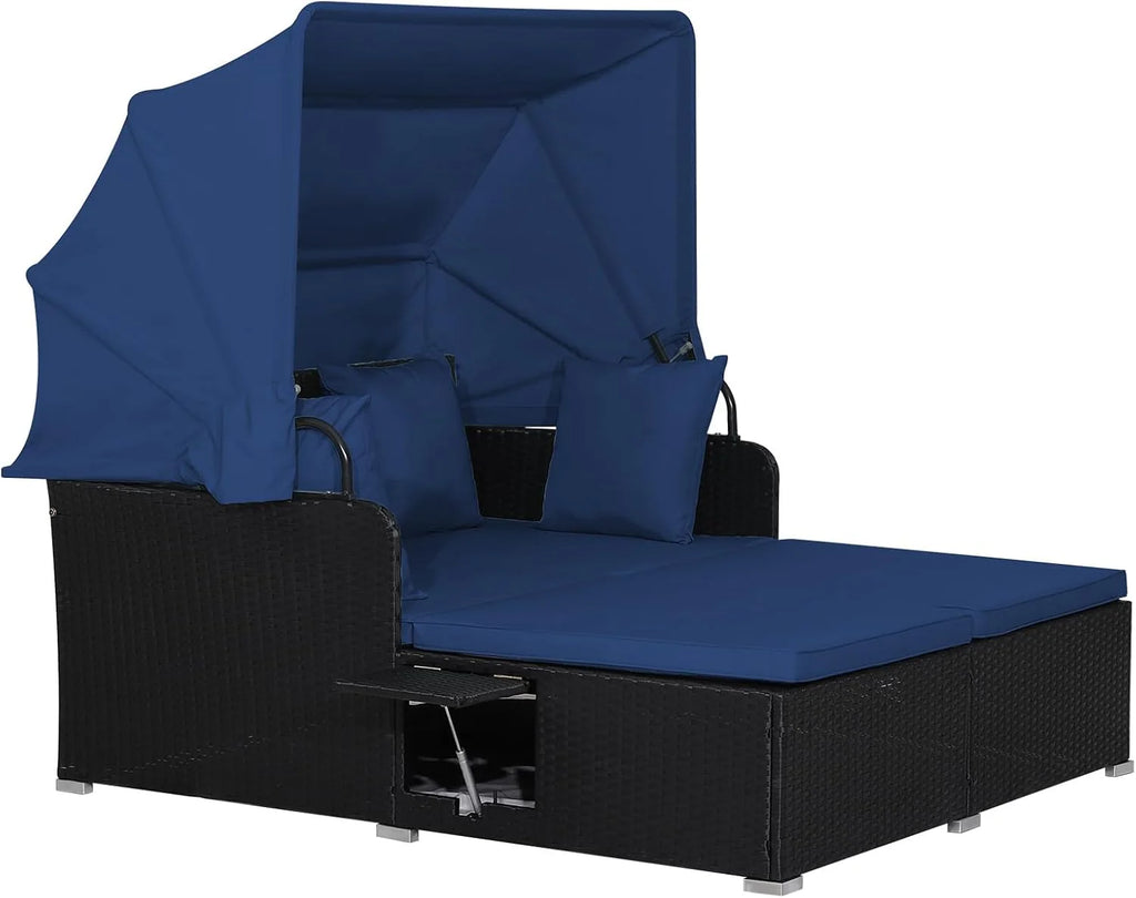 RELAX4LIFE Patio Outdoor Daybed Canopy Wicker Sunbed Cushions Lounge Bed Conversation