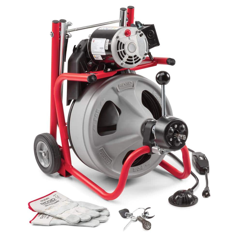 K 400 Drain Cleaning Snake Auger 120 Volt Drum Machine with C 32IW 3/8 in. x 75 ft. Cable   4 Piece Tool Set &amp; Gloves 52363
