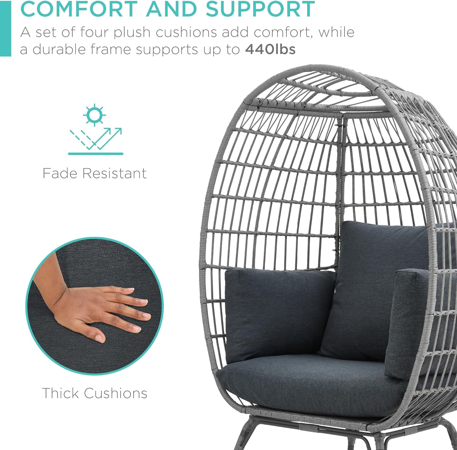 Best Choice Products Wicker Egg Chair Oversized Indoor Outdoor Lounger for Patio Backyard Living Room w/ 4 Cushions Steel Frame 440lb Capacity - Ivory