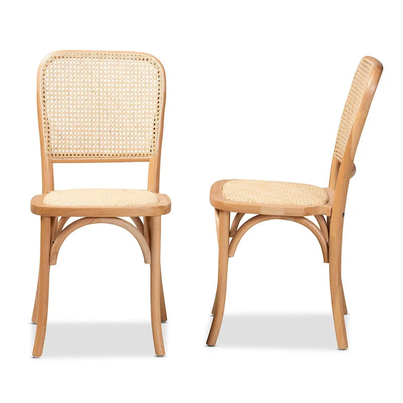 Neah Mid-Century Modern 2-Piece Woven Rattan and Wood Dining Chair Set