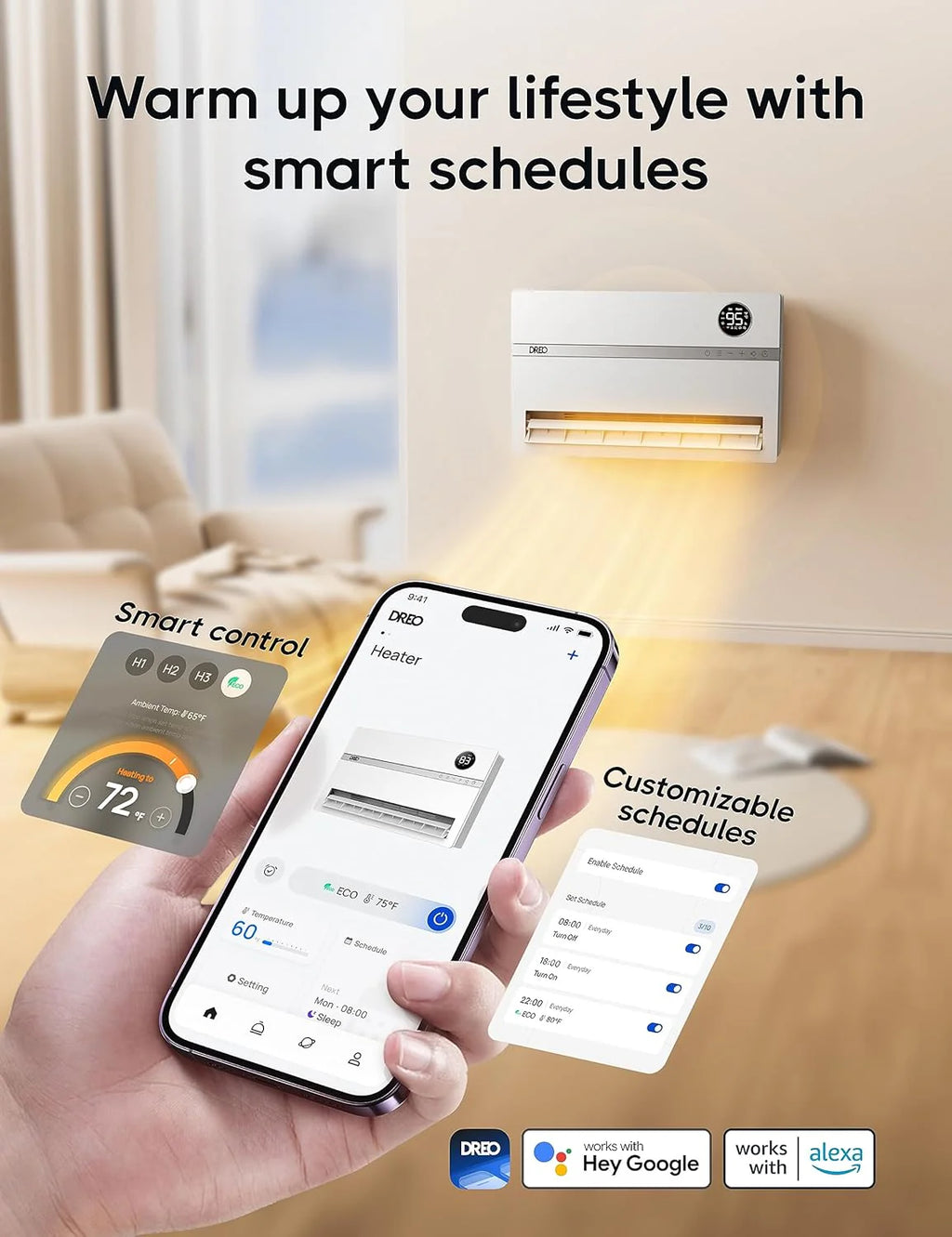 Dreo Smart Wall Heater, Electric Space Heater for Bedroom 1500W, 120° Vertical Oscillation, Adjustable Thermostat, Remote Control, 24H Timer, Easy-Mount Heater for Indoor Use, Works with Alexa, WH719S