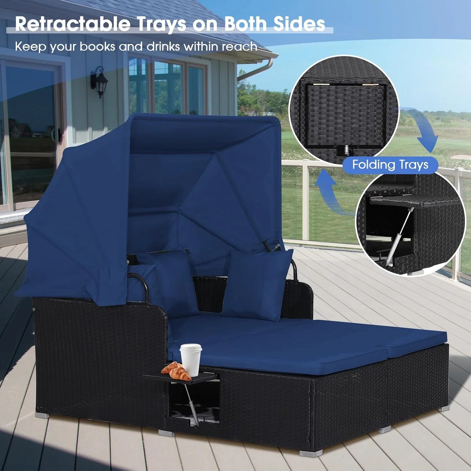 RELAX4LIFE Patio Outdoor Daybed Canopy Wicker Sunbed Cushions Lounge Bed Conversation