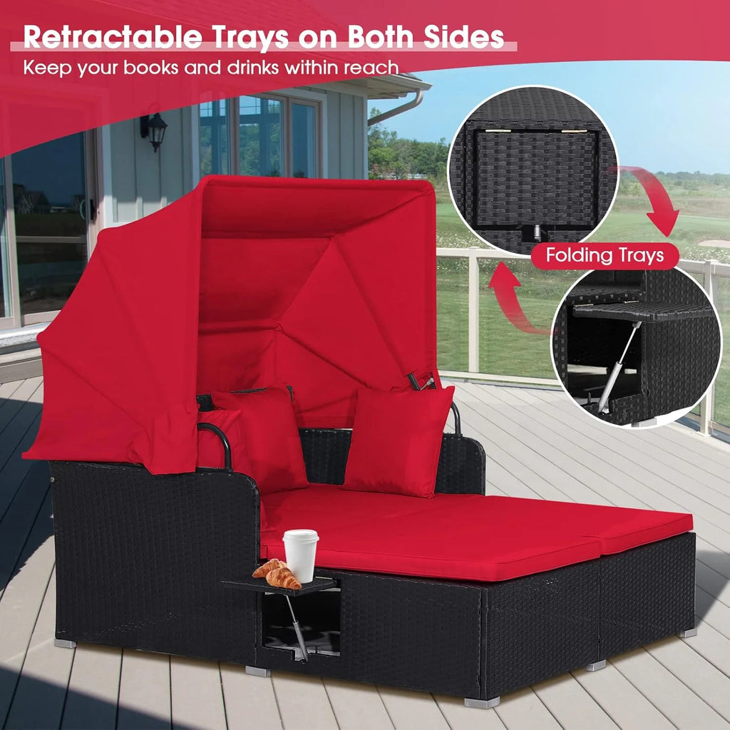 RELAX4LIFE Patio Outdoor Daybed Canopy Wicker Sunbed Cushions Lounge Bed Conversation