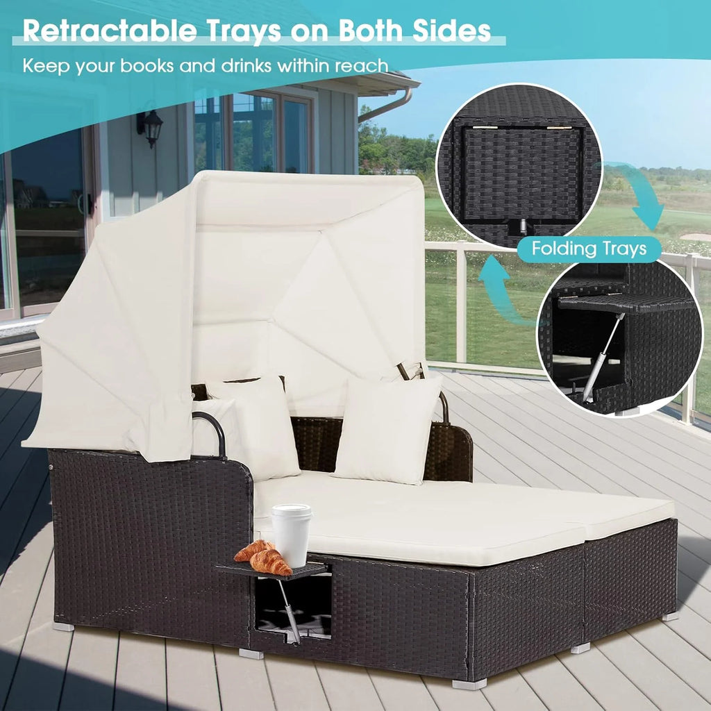 RELAX4LIFE Patio Outdoor Daybed Canopy Wicker Sunbed Cushions Lounge Bed Conversation
