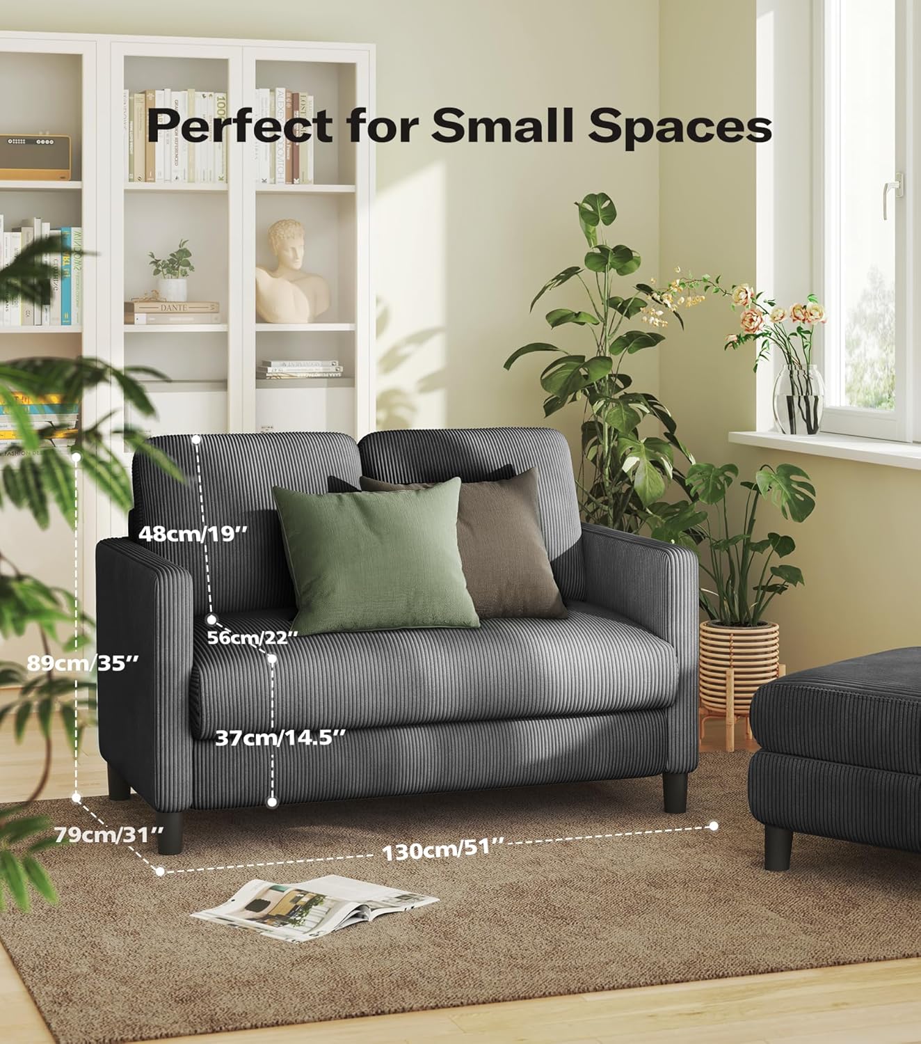 Loveseat Sofa 51" Love Seat Comfy Corduroy Small Loveseat Small Spaces Tool-Free Setup Couch
