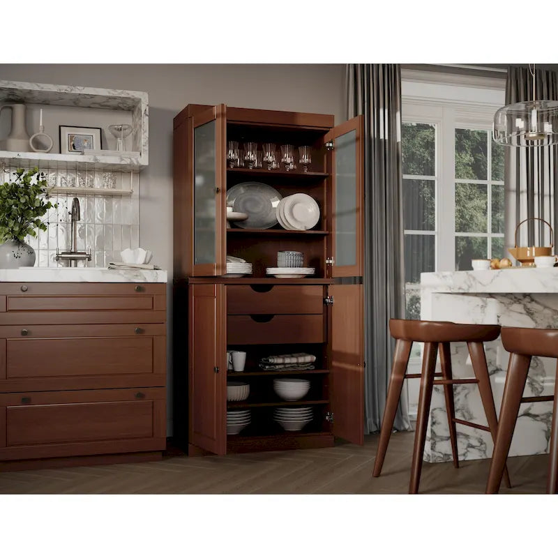 100% Solid Wood Pantry Cabinet with Frosted Glass Doors, Solid Doors, 2-Drawers and Adjustable Shelves