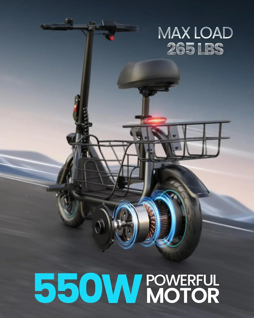 Gyroor Adult Electric Scooter with Large Center Basket 20 Mile Range Foldable and Seat