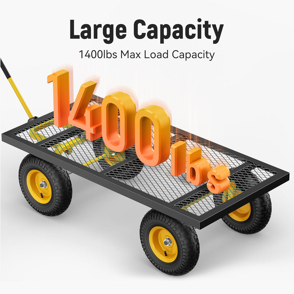 Steel Garden Cart 2-in-1 1400 lbs Heavy Duty Utility Wagon with Removable Mesh Sides to Convert into Flatbed 240?? U-Turn 13" Pneumatic Tires Garden Wagon for Farm Yard Lawn Garden Camping