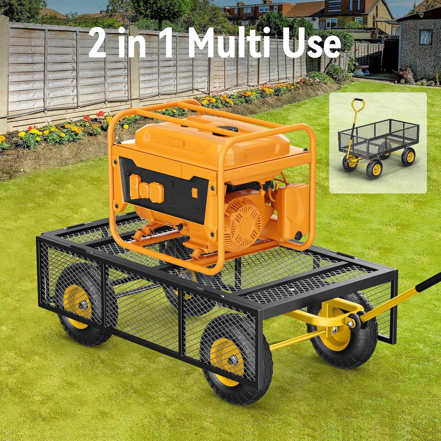 Steel Garden Cart 2-in-1 1400 lbs Heavy Duty Utility Wagon with Removable Mesh Sides to Convert into Flatbed 240?? U-Turn 13" Pneumatic Tires Garden Wagon for Farm Yard Lawn Garden Camping